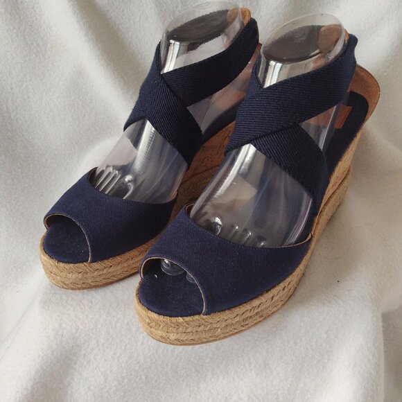 Tory Burch Shoes - Tory Burch Natanya Wedge Espadrilles 9 Navy Blue Sandals w Elastic Ankle Straps